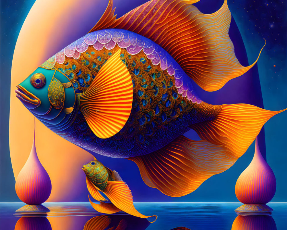Colorful surreal artwork: Golden fish with intricate patterns, moon, and planets in the background