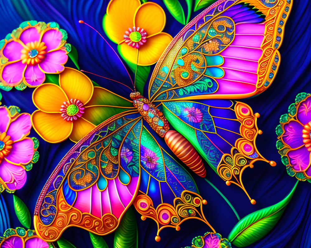 Colorful digital art of ornate butterfly and flowers on blue background