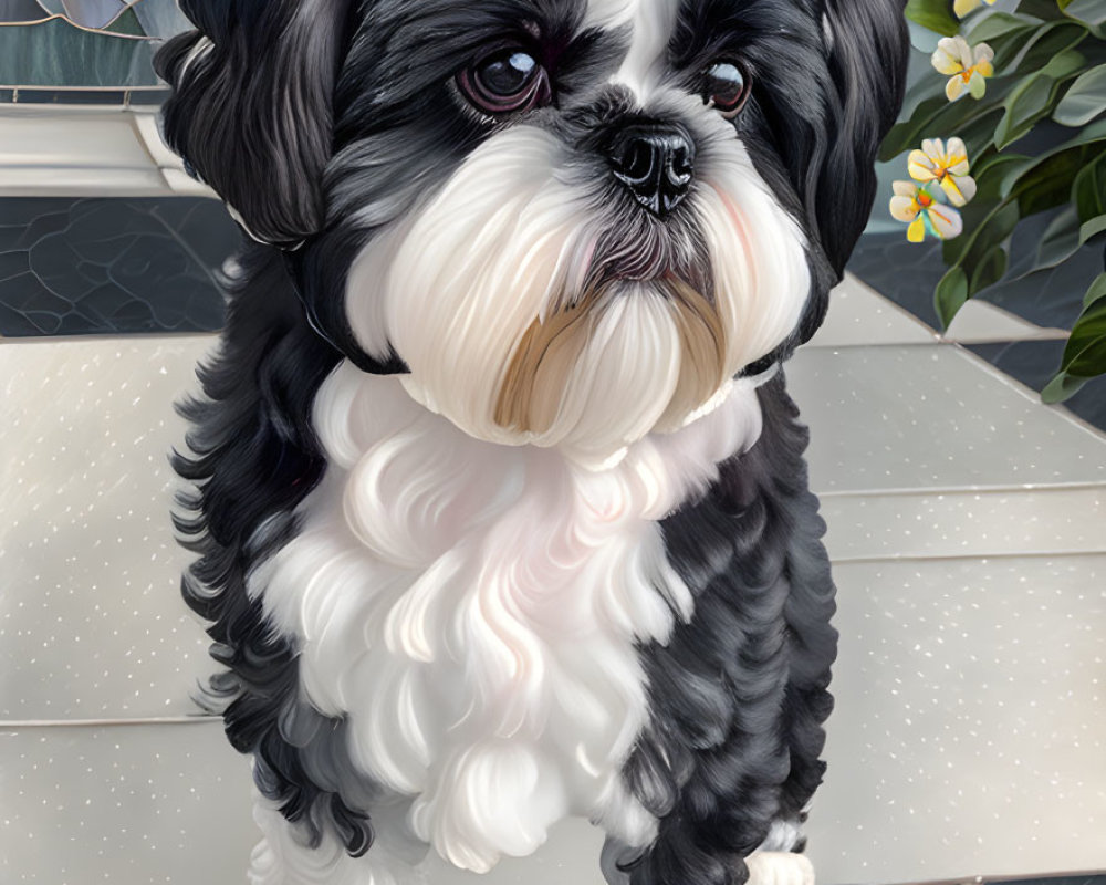 Fluffy black and white Shih Tzu on tiled floor with colorful flowers