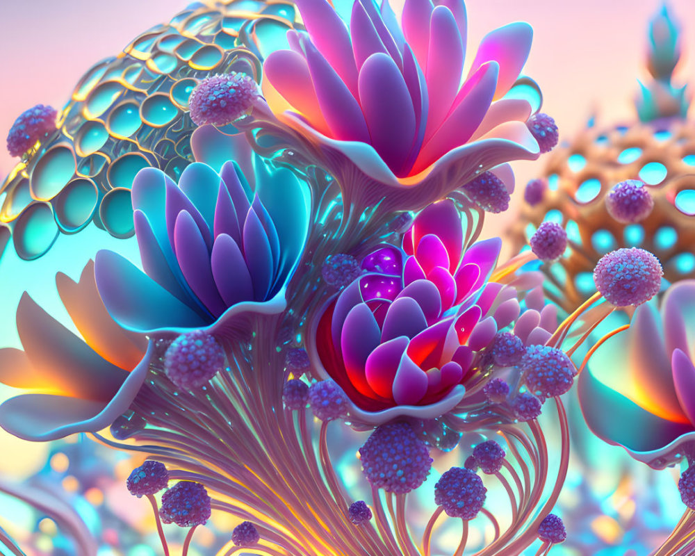Surreal metallic flower shapes on pastel background