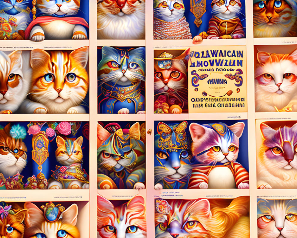 Colorful Stylized Cat Artwork Collage with Expressive Eyes and Ornate Details