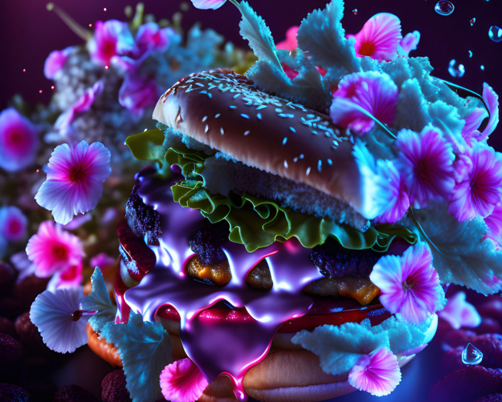 Whimsical surreal burger with vibrant flowers and melting cheese on dark backdrop