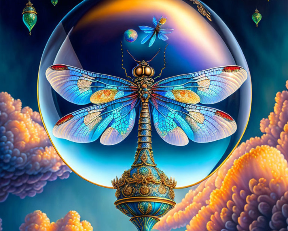 Colorful surreal artwork: Dragonfly with translucent wings, glass orb, pink clouds, lanterns