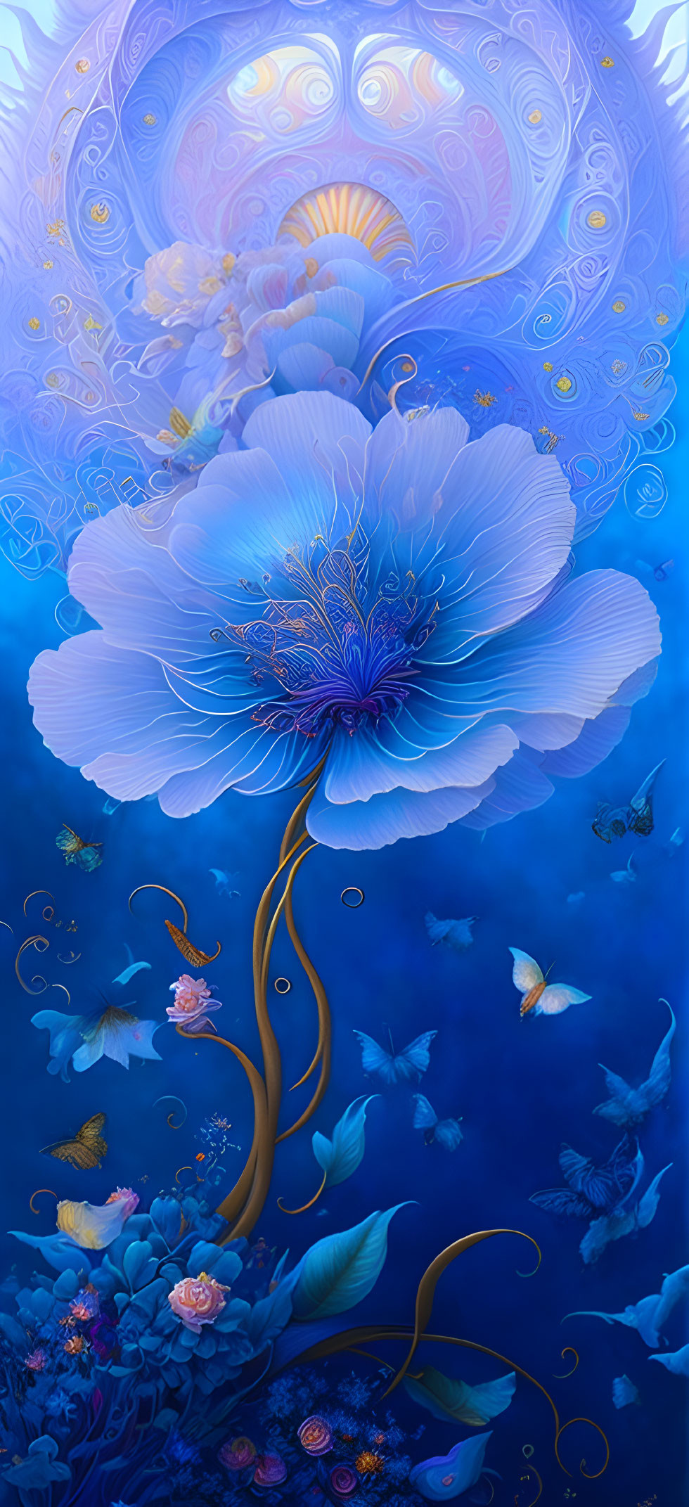 Detailed digital artwork of large blue flower with golden stems, fish, and swirling patterns.