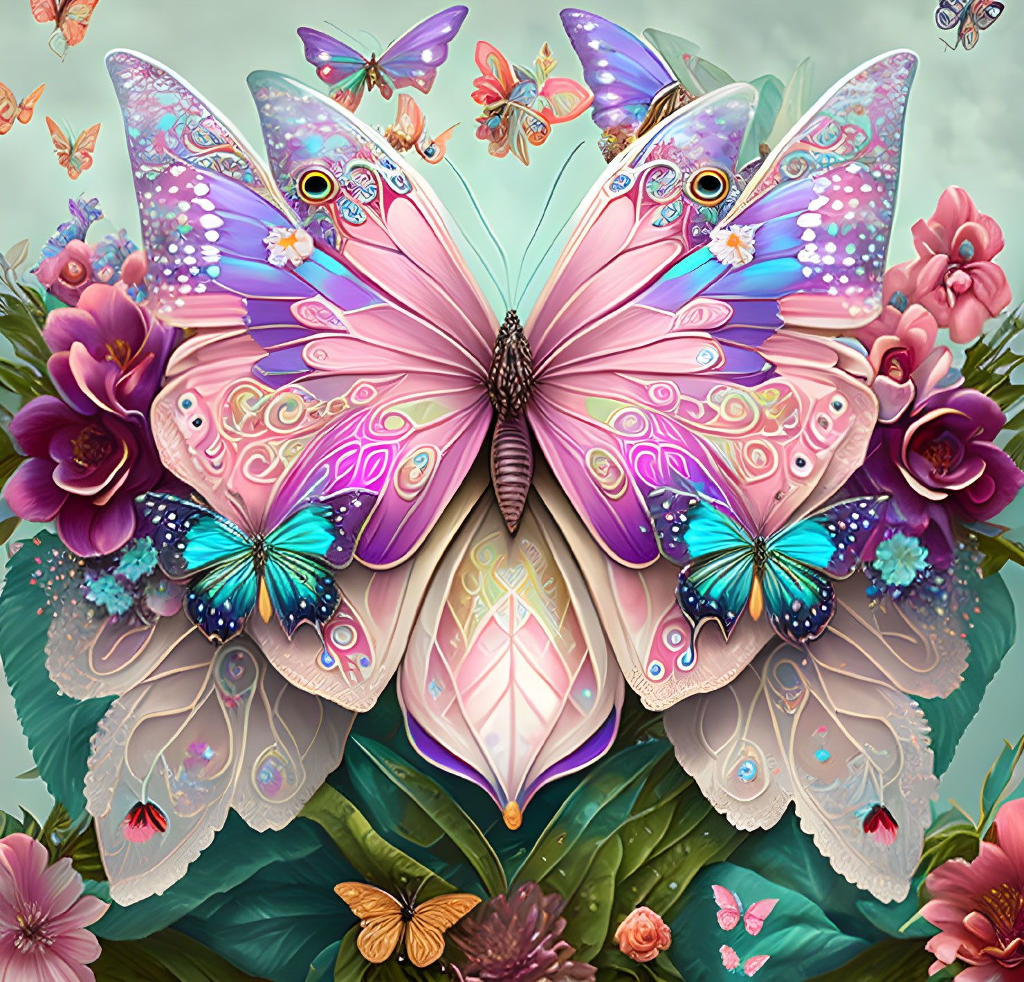 Colorful Digital Artwork Featuring Ornate Butterfly and Floral Background