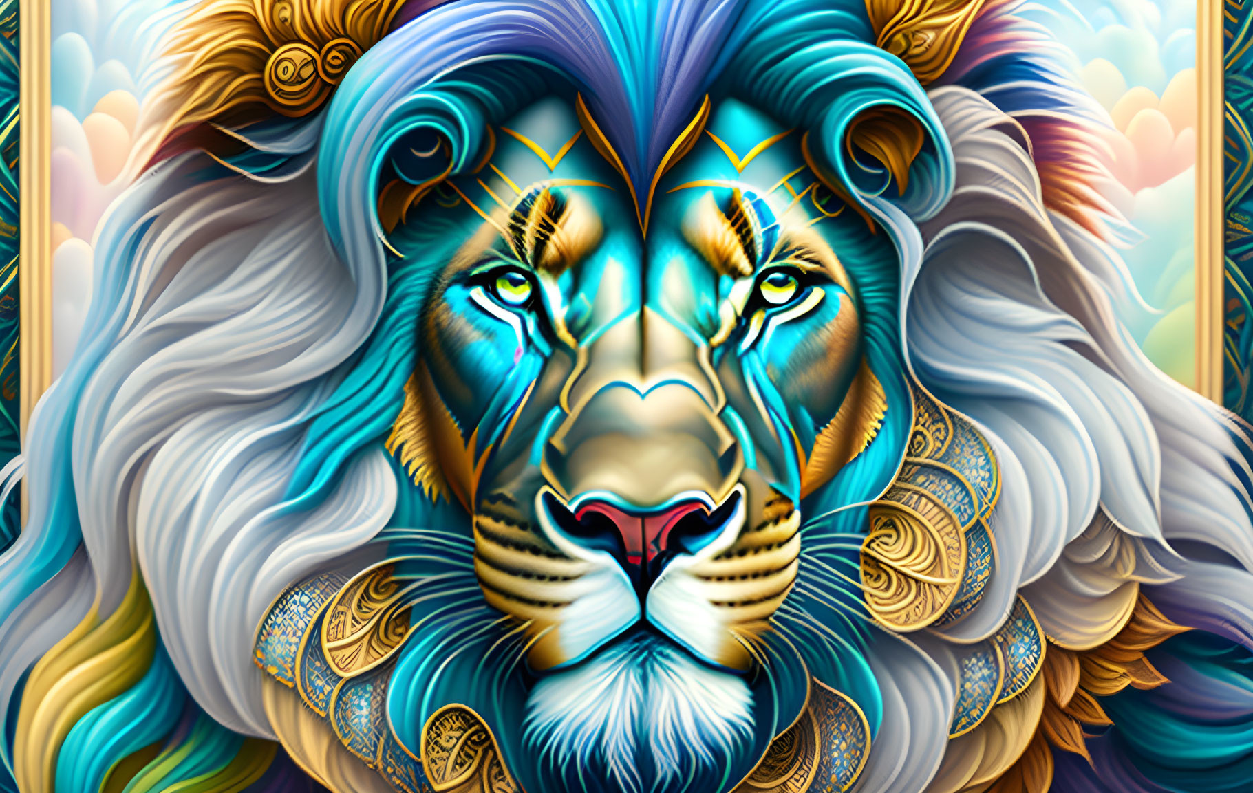 Colorful digital artwork: Stylized lion with tribal patterns