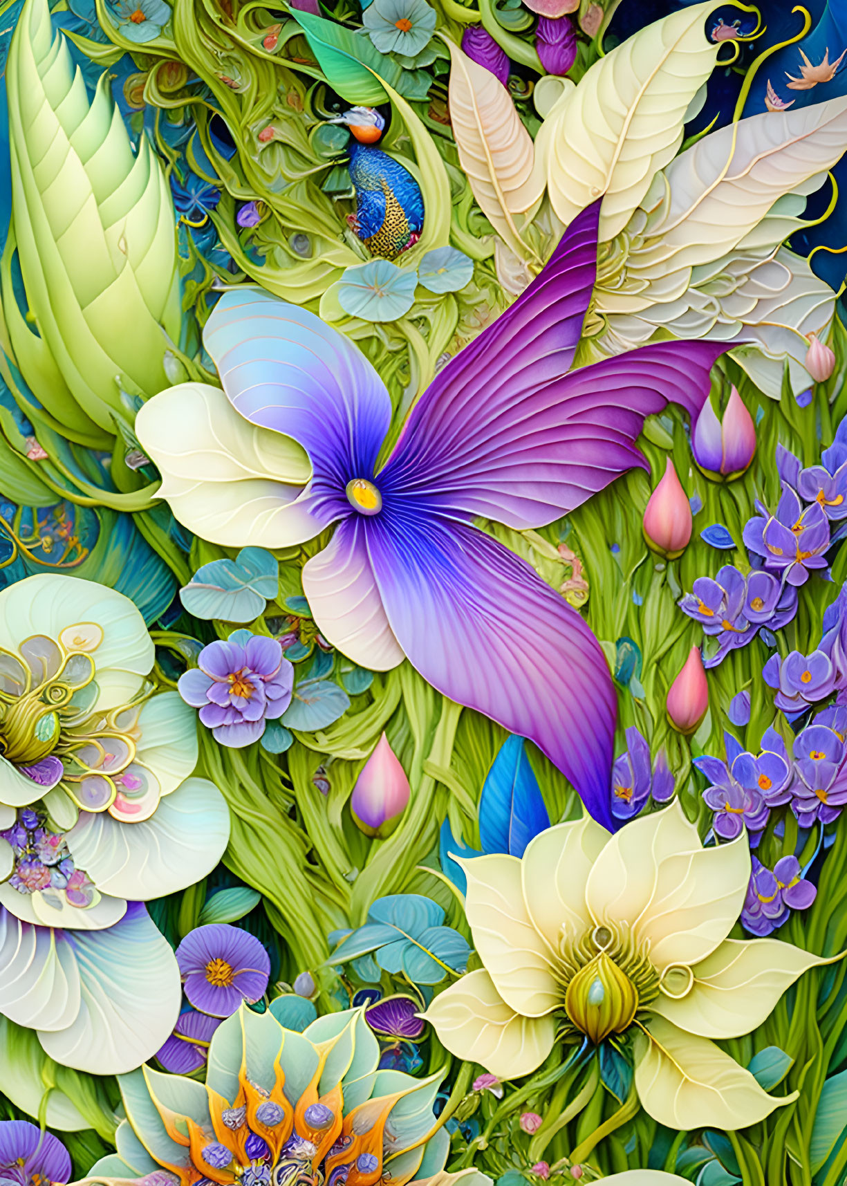 Colorful Floral Illustration with Butterfly and Lush Foliage