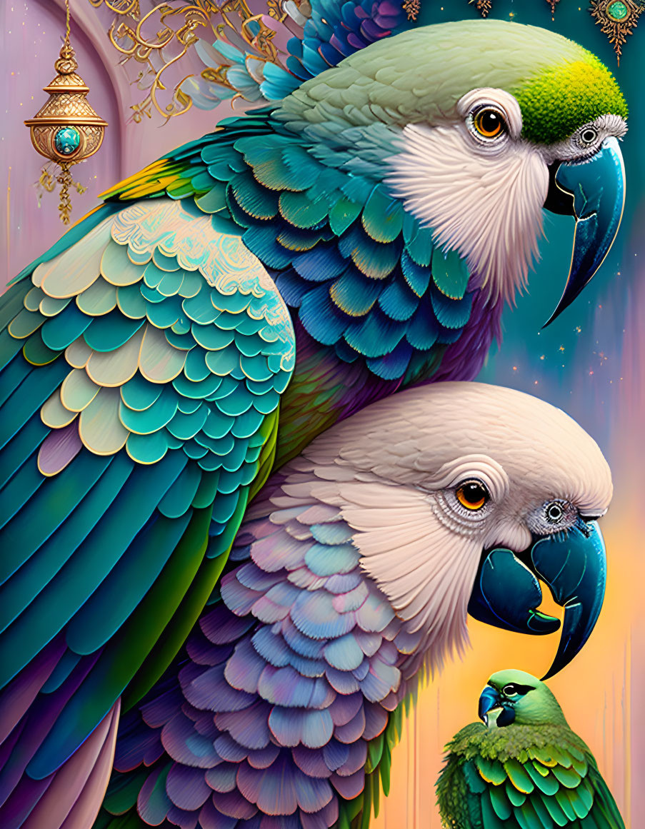 Colorful Illustrated Parrots with Intricate Feather Patterns on Pastel Background