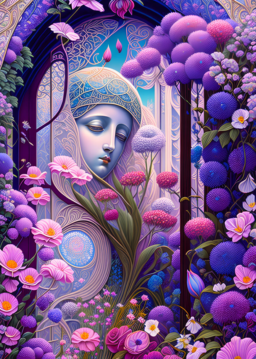 Vibrant floral illustration with serene female face and mystical doorway