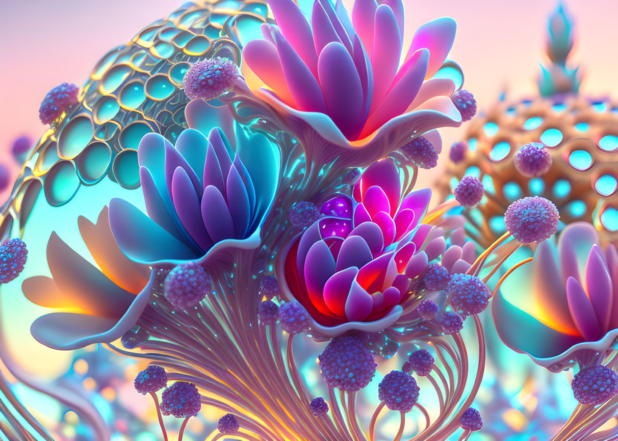 Surreal metallic flower shapes on pastel background
