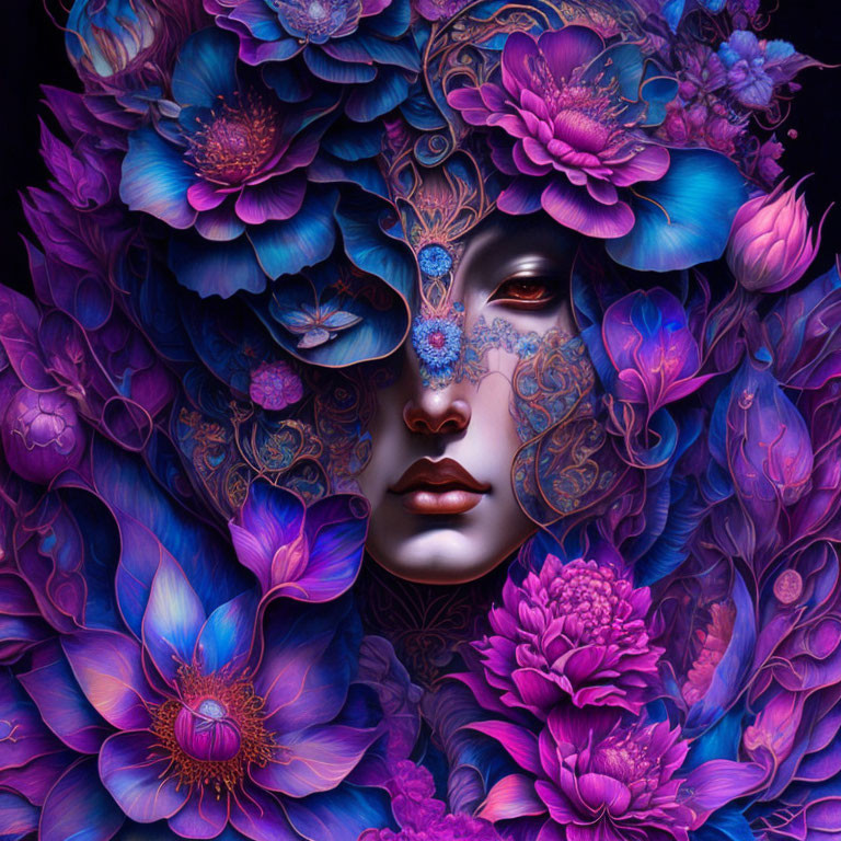 Colorful digital artwork of woman's face with floral patterns in blue and purple