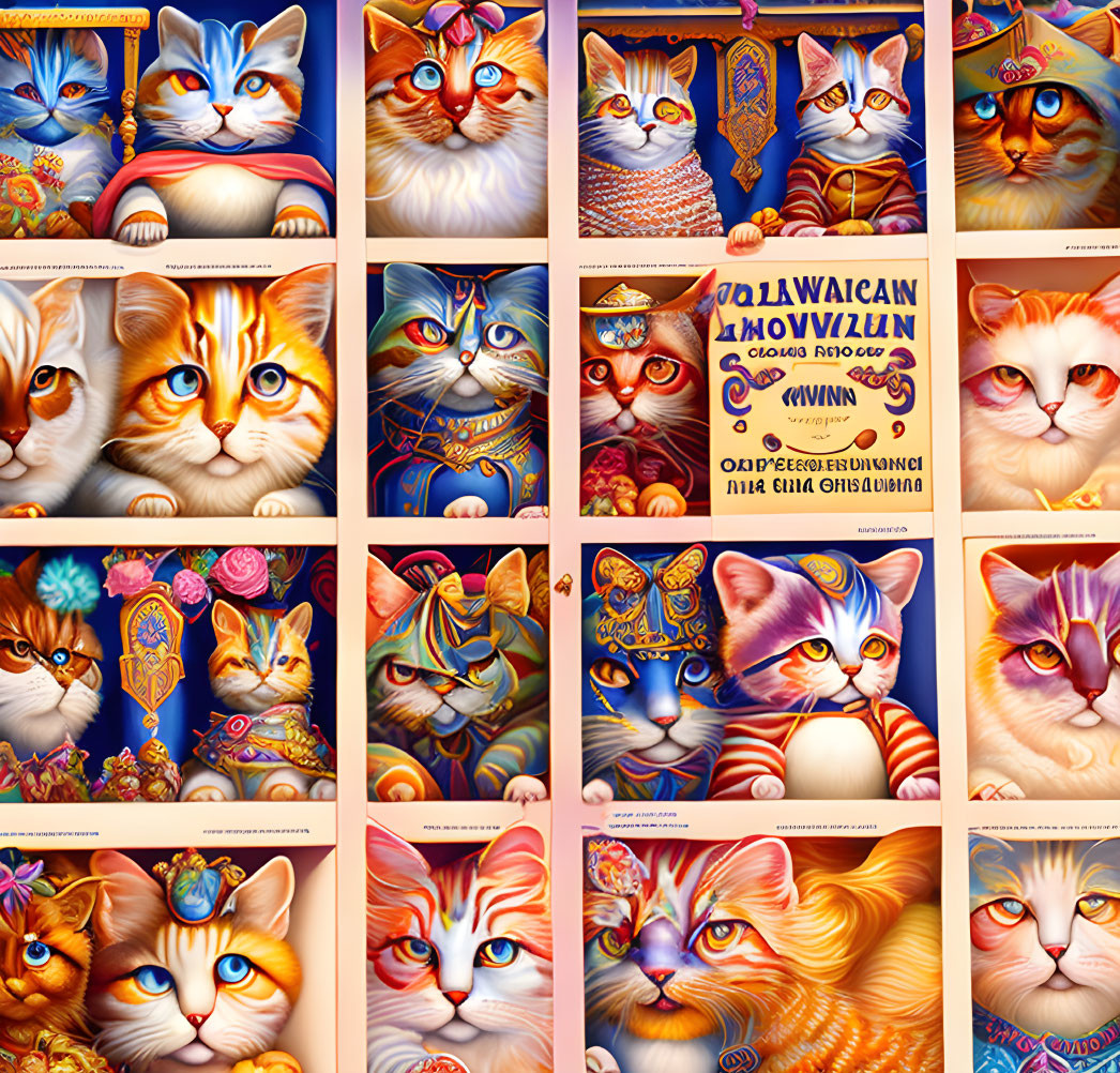 Colorful Stylized Cat Artwork Collage with Expressive Eyes and Ornate Details