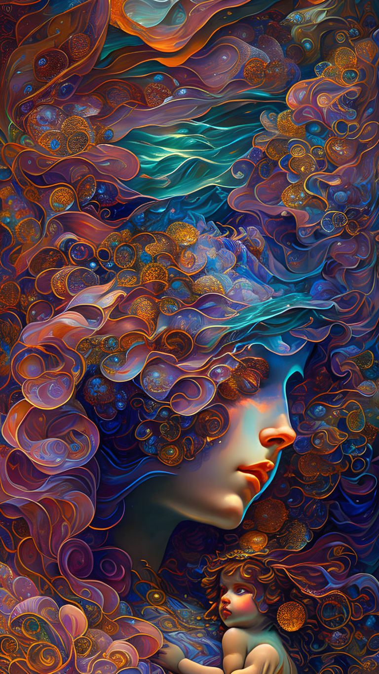 Colorful digital artwork: Woman with flowing blue and orange hair, adorned with intricate mandala patterns,