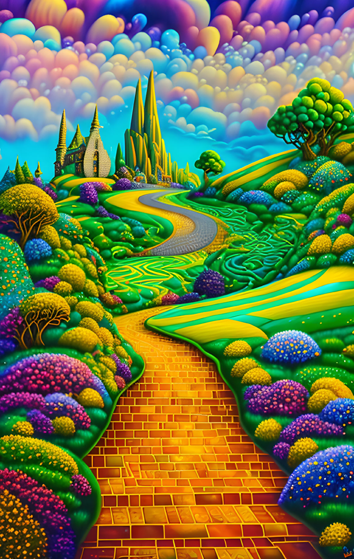 Colorful surreal landscape with yellow brick road and castle in the distance