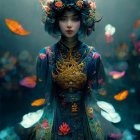 Colorful Armor Woman in Decorative Helmet with Magical Glow and Petals