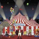 Vibrant circus interior with elephant and performer