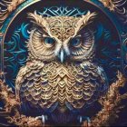 Stylized owl digital artwork in blue, gold, and brown hues