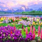 Fantasy landscape digital artwork with vibrant floral elements, serene lake, and majestic mountains under warm sky