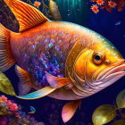 Colorful Fish Digital Art Among Underwater Flora on Deep Blue Background