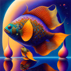 Colorful surreal artwork: Golden fish with intricate patterns, moon, and planets in the background
