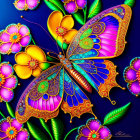 Colorful digital art of ornate butterfly and flowers on blue background