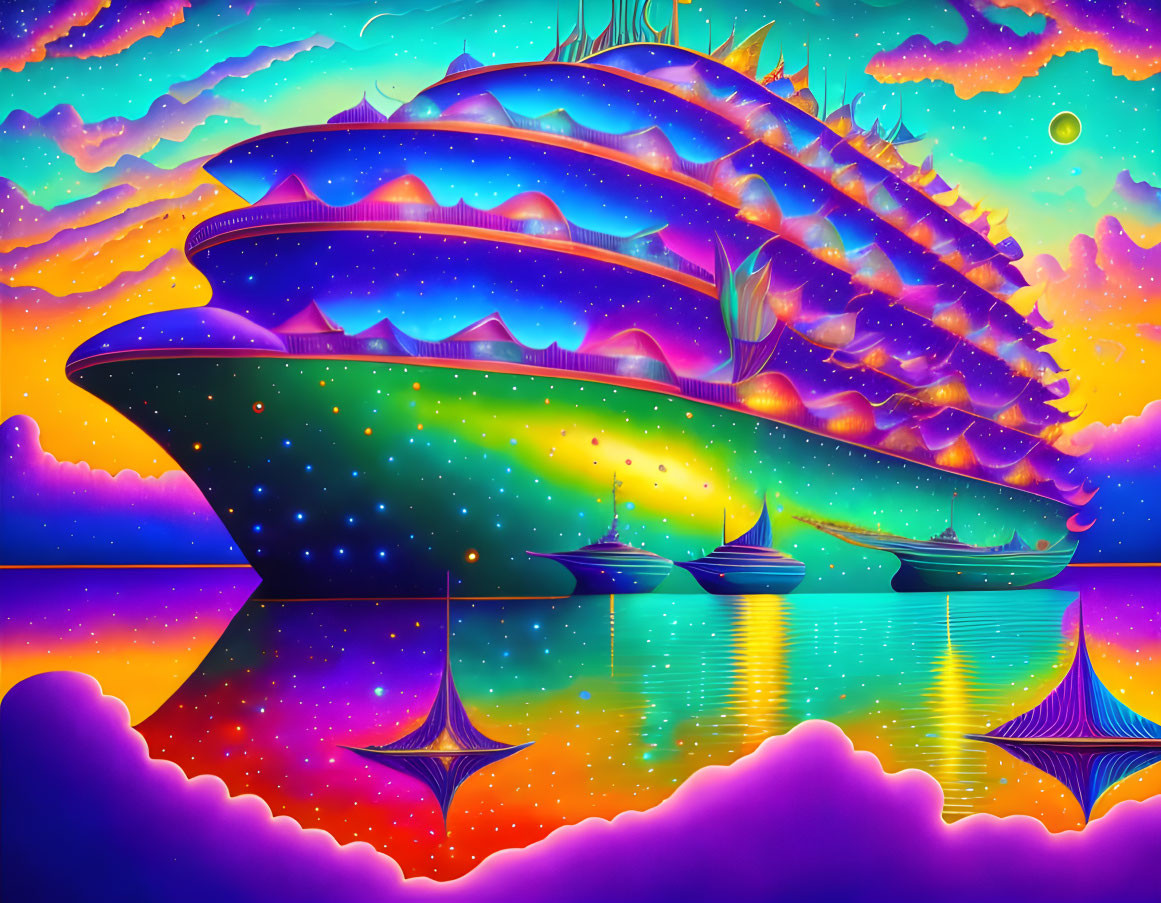 Colorful Psychedelic Illustration of Fantastical Cruise Ship at Sea