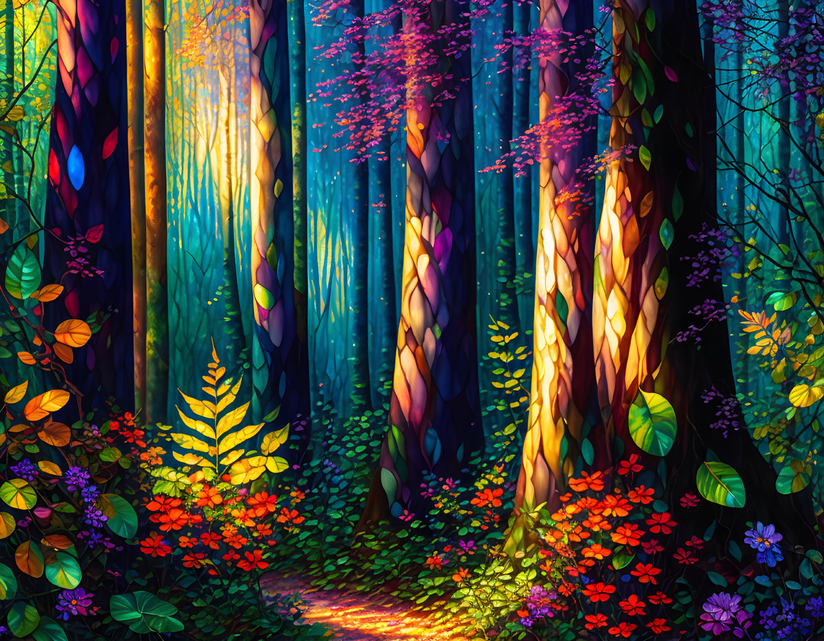 Colorful Forest Path Illuminated by Sunlight and Flowers