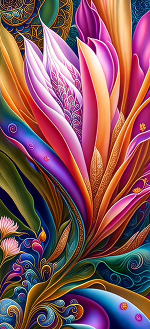 Colorful Abstract Artwork with Floral Designs in Purple, Pink, Orange & Blue