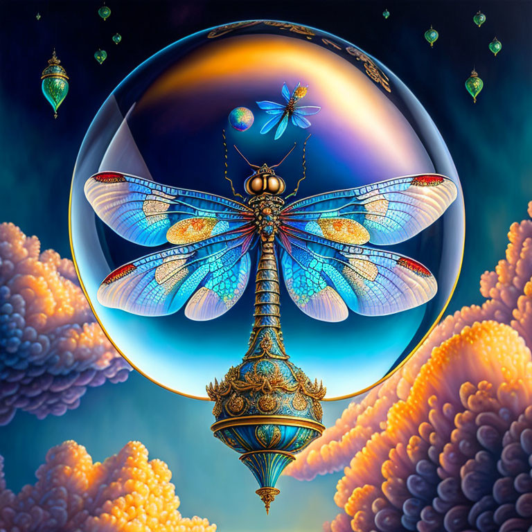 Colorful surreal artwork: Dragonfly with translucent wings, glass orb, pink clouds, lanterns