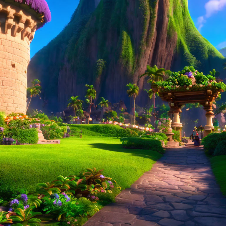 Colorful animated garden with cobblestone path and stone turret nestled among mountains