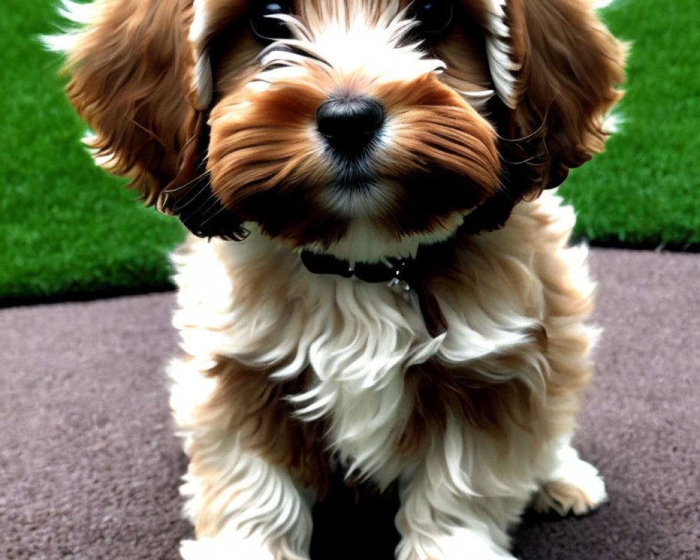 Fluffy Brown and White Puppy with Black Collar on Brown Mat