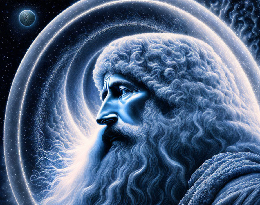 Bearded man with blue skin in cosmic scene