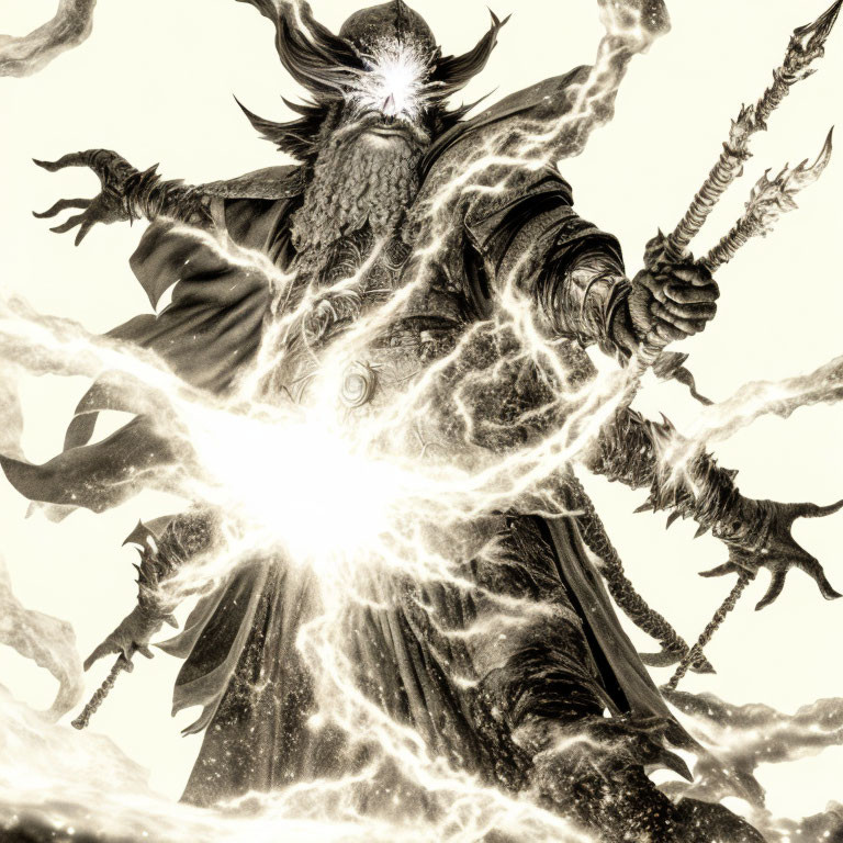 Wizard casting lightning spell with energy tendrils, cloak, and horned headdress