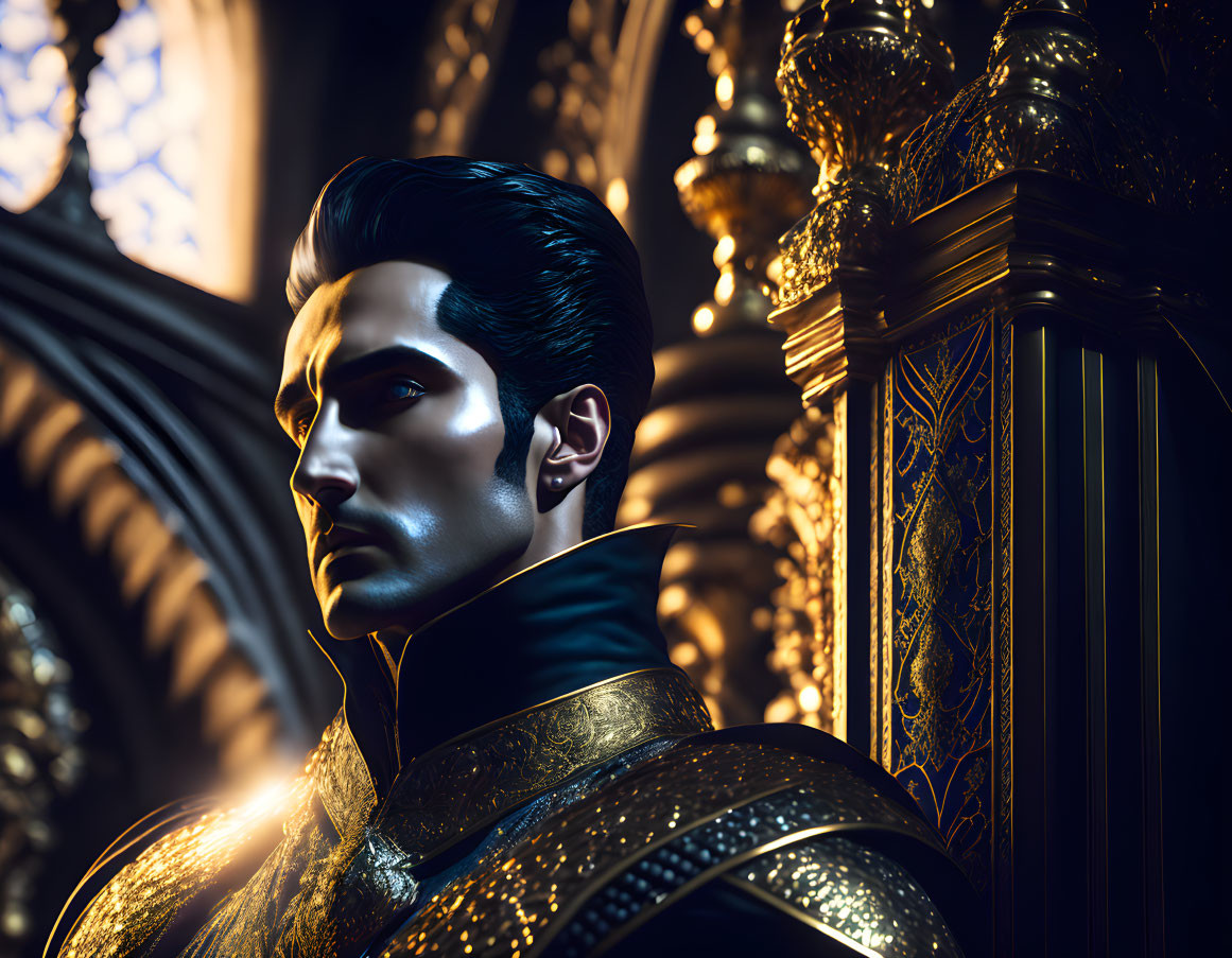 Regal male figure in dark armor with slicked-back hair in gothic interior