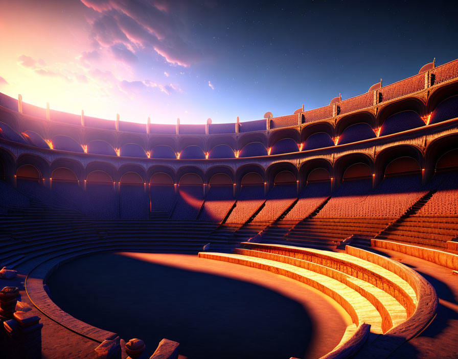 Ancient amphitheater at sunset with clear sky and stars emerging