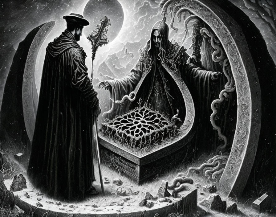 Monochromatic gothic art: two robed figures with staff by ornate casket