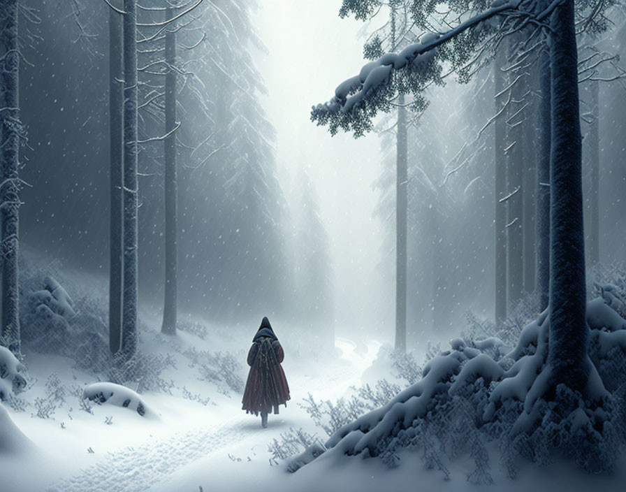 Solitary figure in red cloak walks snowy forest with tall trees