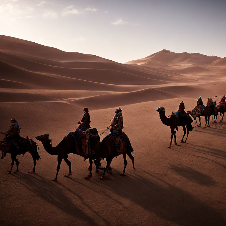 Colorful attired camel riders cross sandy desert dunes at dusk
