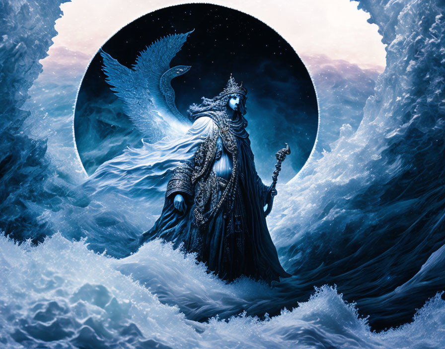 Majestic figure in blue armor with scepter amidst icy waves