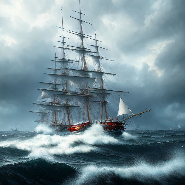 Tall Ship Sailing Through Rough Ocean Waves