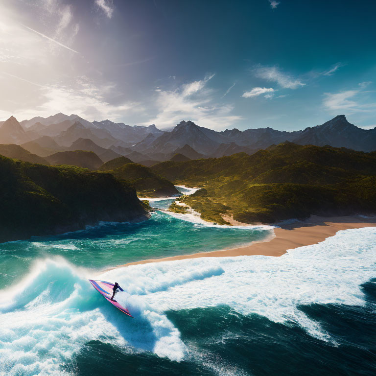 Surfer riding large wave near rugged coastline with mountains under sunny sky