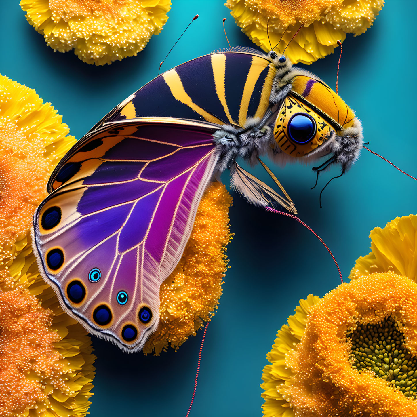 Colorful Butterfly Resting on Yellow Flowers and Teal Background