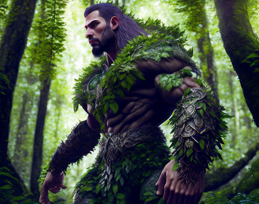 Muscular bearded character in green armor in lush forest