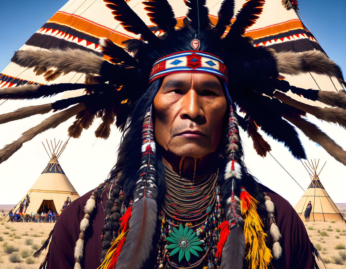 Traditional Native American headdress and teepees under clear blue sky