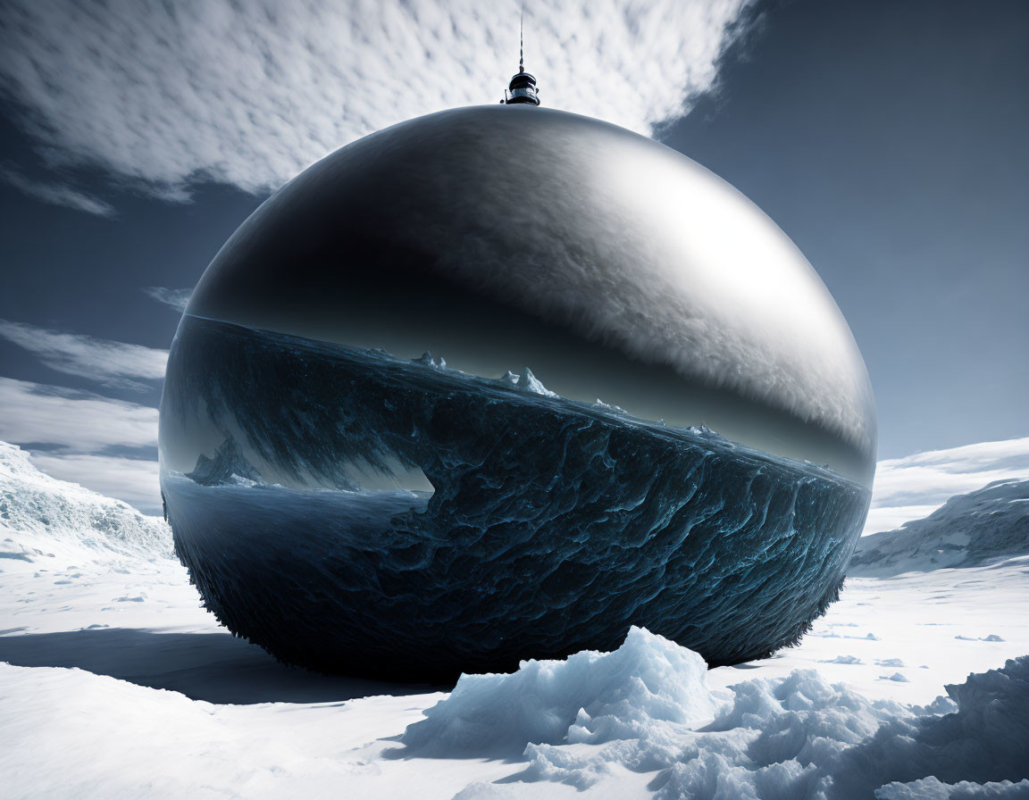 Gigantic metallic sphere in icy ocean with antenna-like structures against cloudy sky