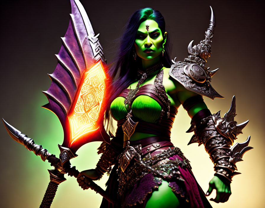 Fantasy warrior woman with green skin and glowing weapons in detailed armor