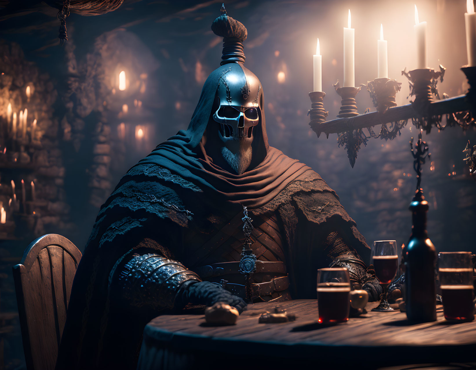 Mysterious cloaked figure in skull mask at candlelit table with goblet