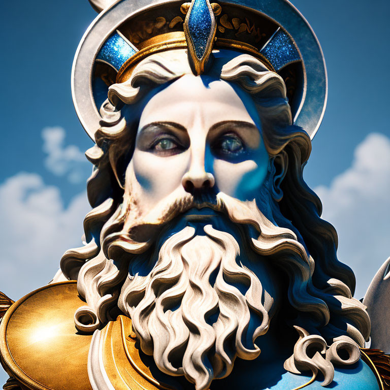 Regal Poseidon Sculpture in Golden Armor and Helmet