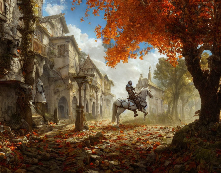 Medieval village scene: Knight on white horse amid autumn leaves and orange tree