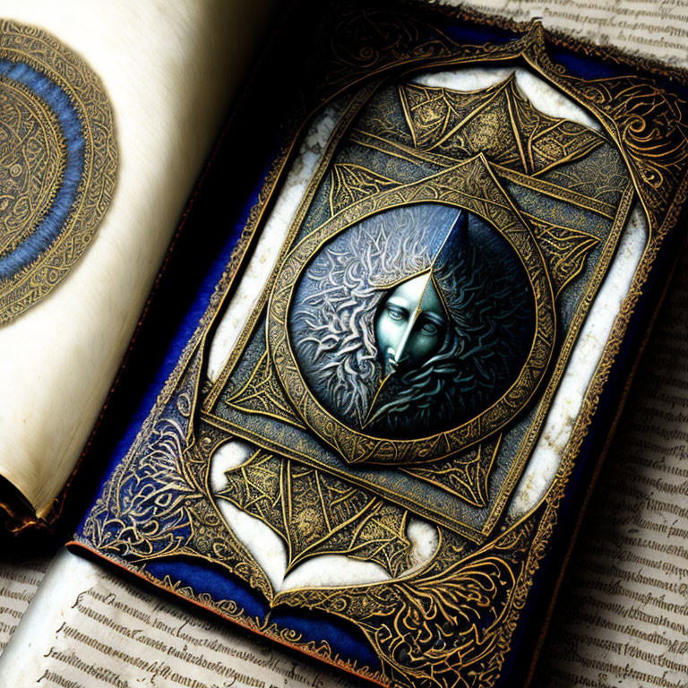 Blue and Gold Ornate Book with Moon and Face Medallion on Top of Another Book